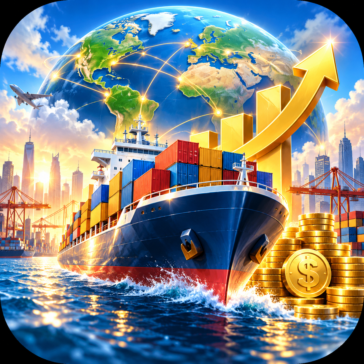 Trade Tycoon game icon showing a cargo ship and worldwide trade routes